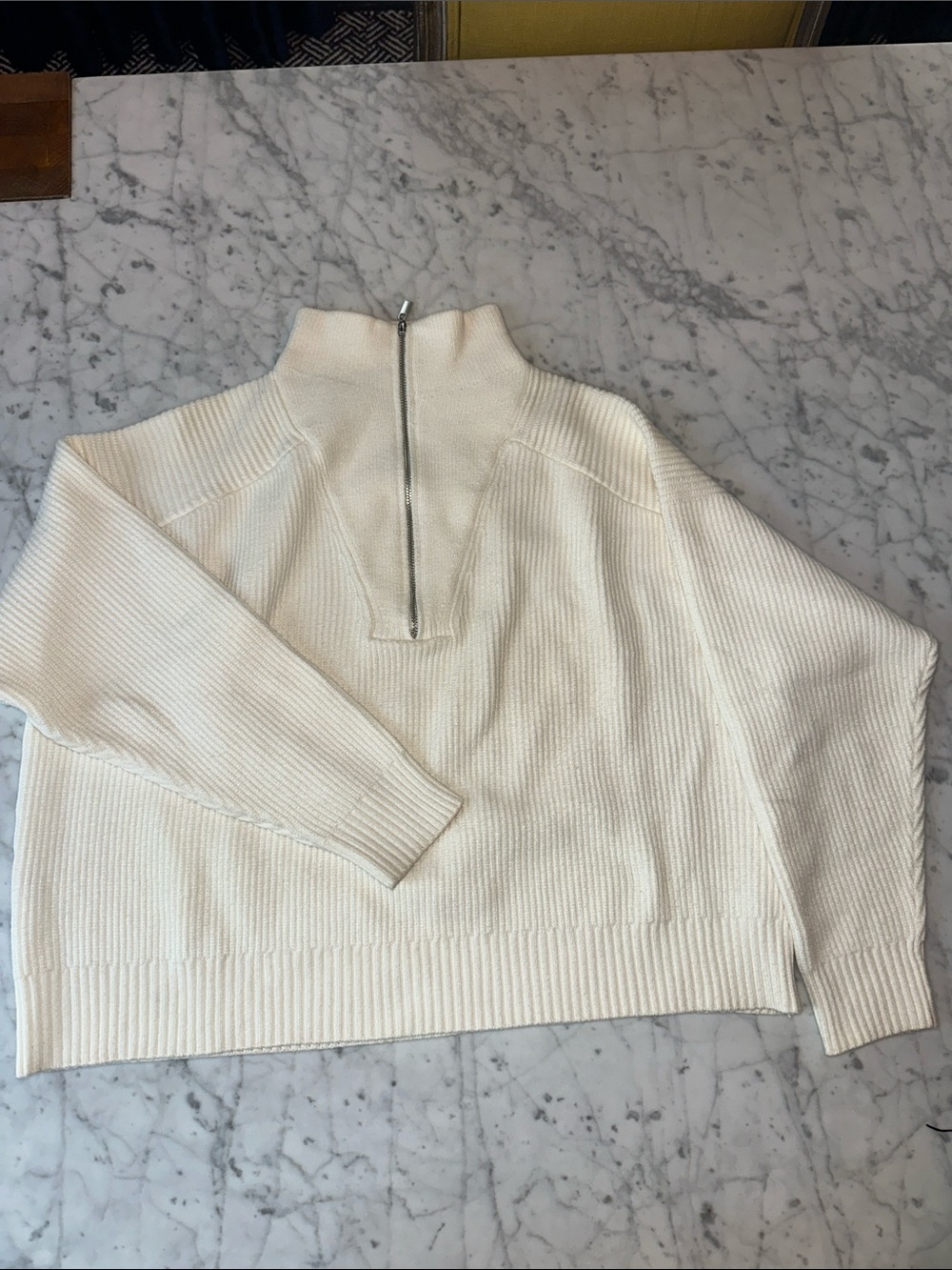 Mango Cream Ribbed Half-Zip Funnel Neck Sweater